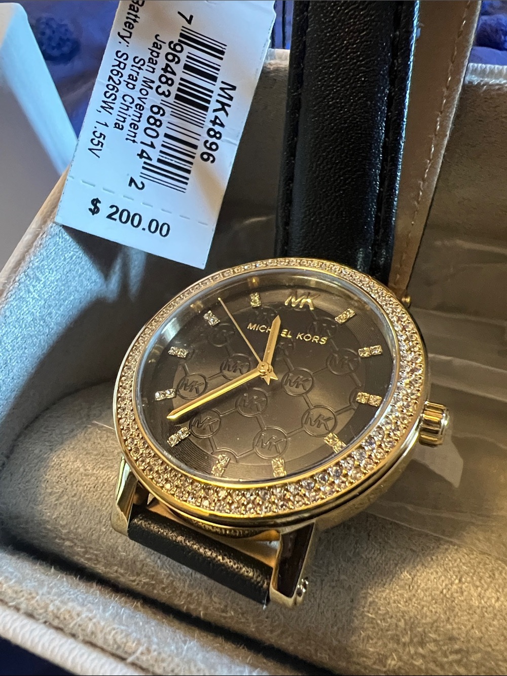 Michael Kors Gold-Tone Case Black Dial Leather Strap Crystal Bezel Watch